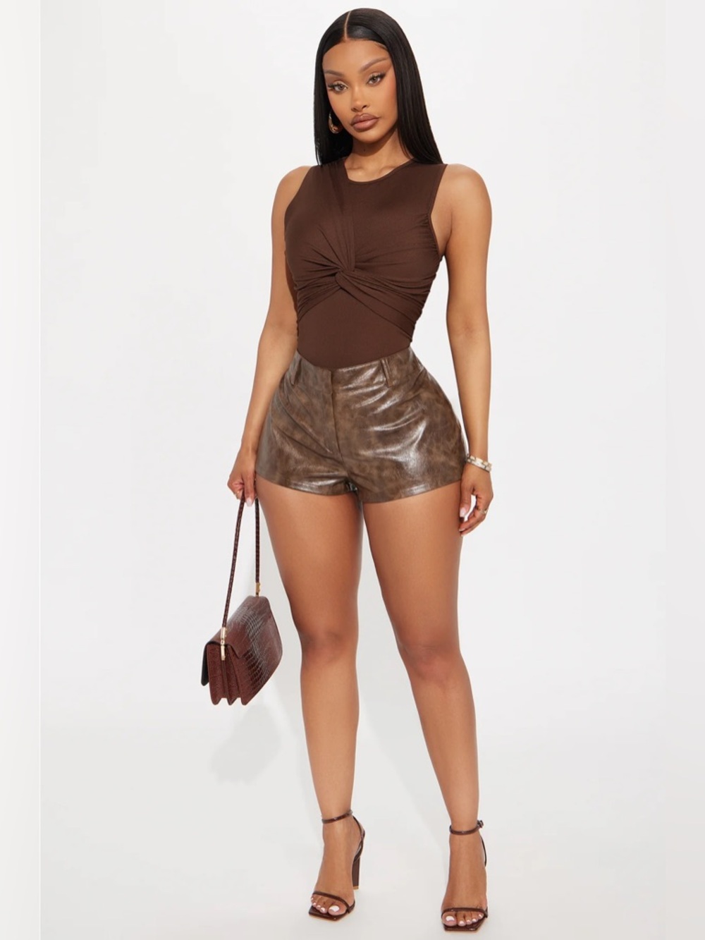 Kendall Low Rise Faux Leather Micro Shorts - Brown